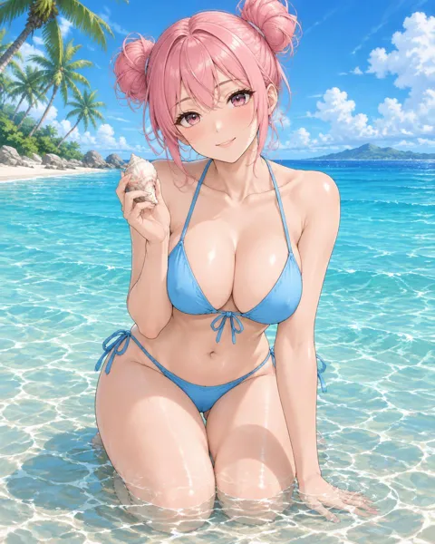 Fennaroe, an adult anime companion kneeling in the shallow water holding a seashell