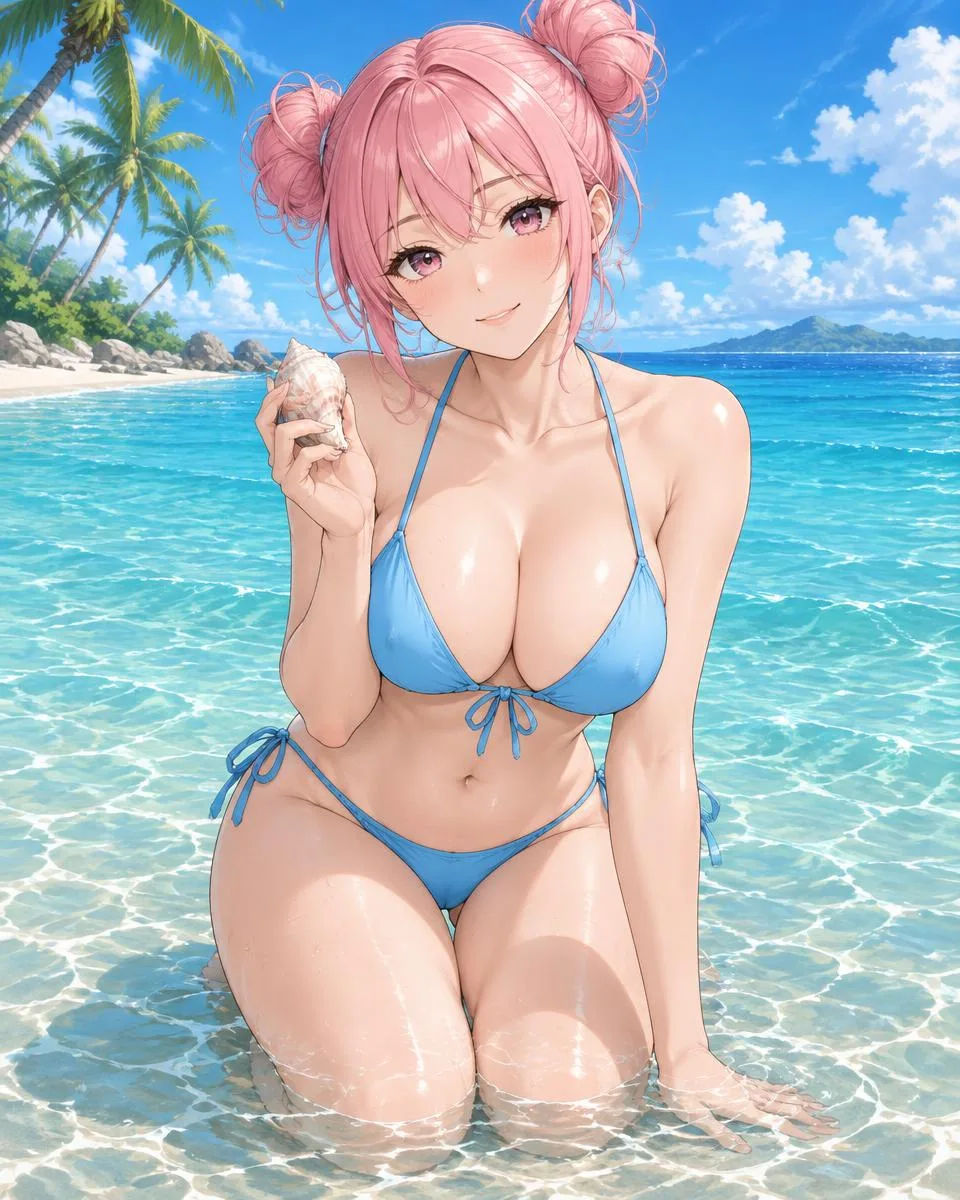 Fennaroe, an adult anime companion kneeling in the shallow water holding a seashell