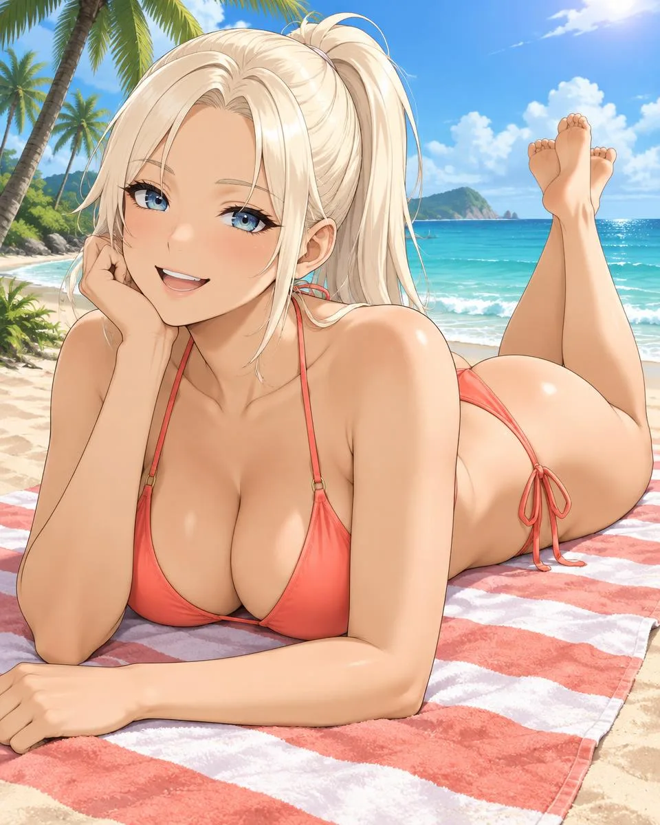 Marisolde, an adult anime companion lying on a striped beach towel with her chin on her hand