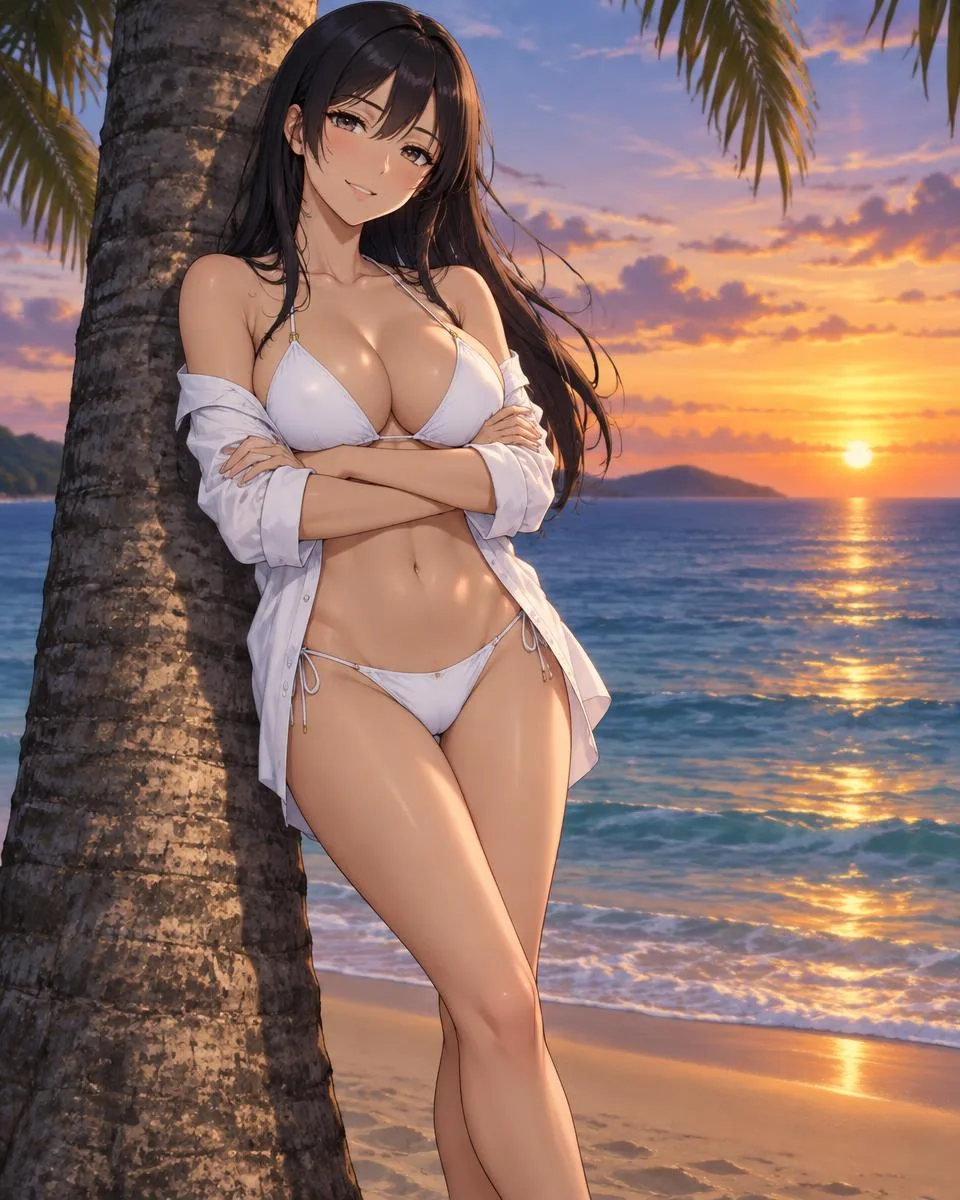 Oriqua, an adult anime companion leaning against a palm tree with crossed arms at sunset