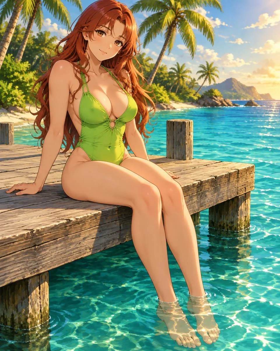 Quenviel, an adult anime companion sitting on the edge of a wooden pier with her feet in the water