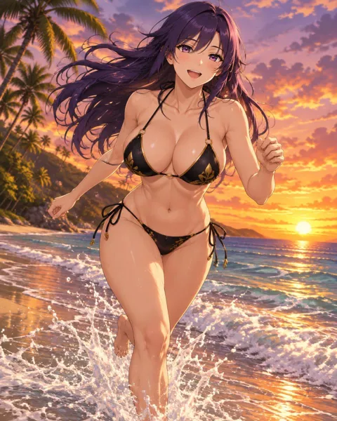 Ystrelle, an adult anime companion running along the shoreline through splashing waves at sunset