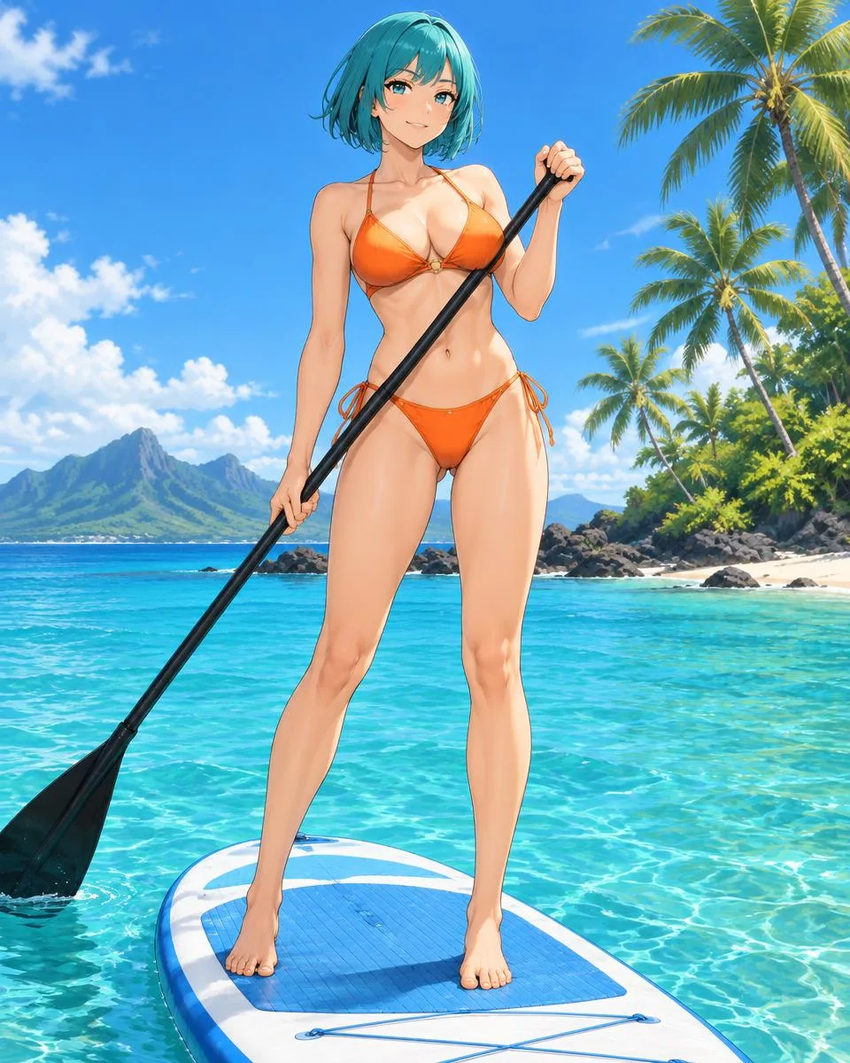 Zarethe, an adult anime companion standing on a paddleboard with a paddle in the turquoise bay